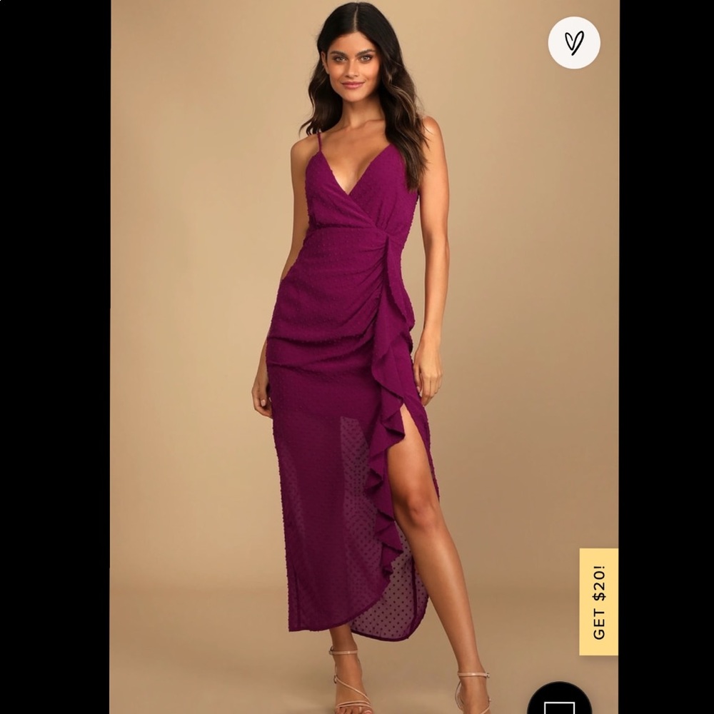 Lulus Magenta Swiss Dot Ruffled Midi Dress